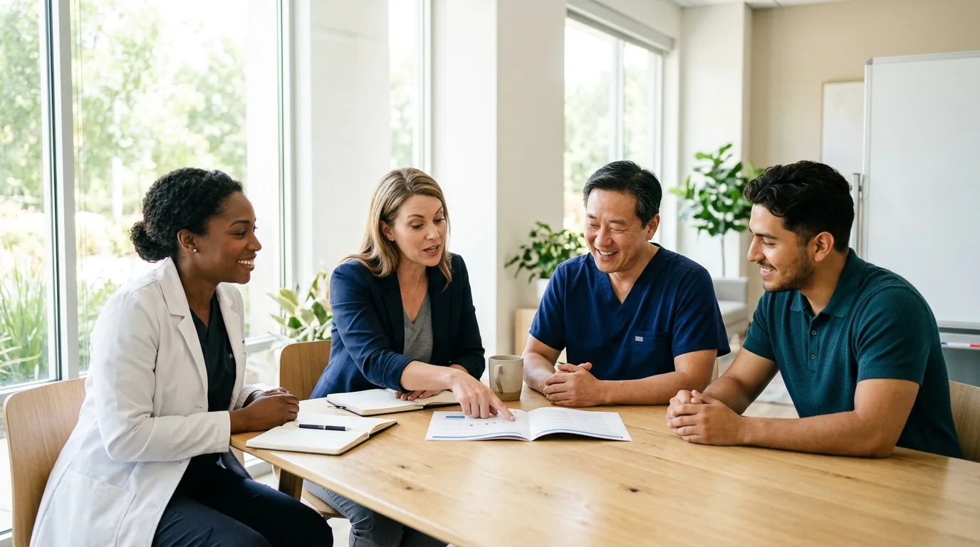 AI-generated editorial illustration of a clinic team meeting in a bright office