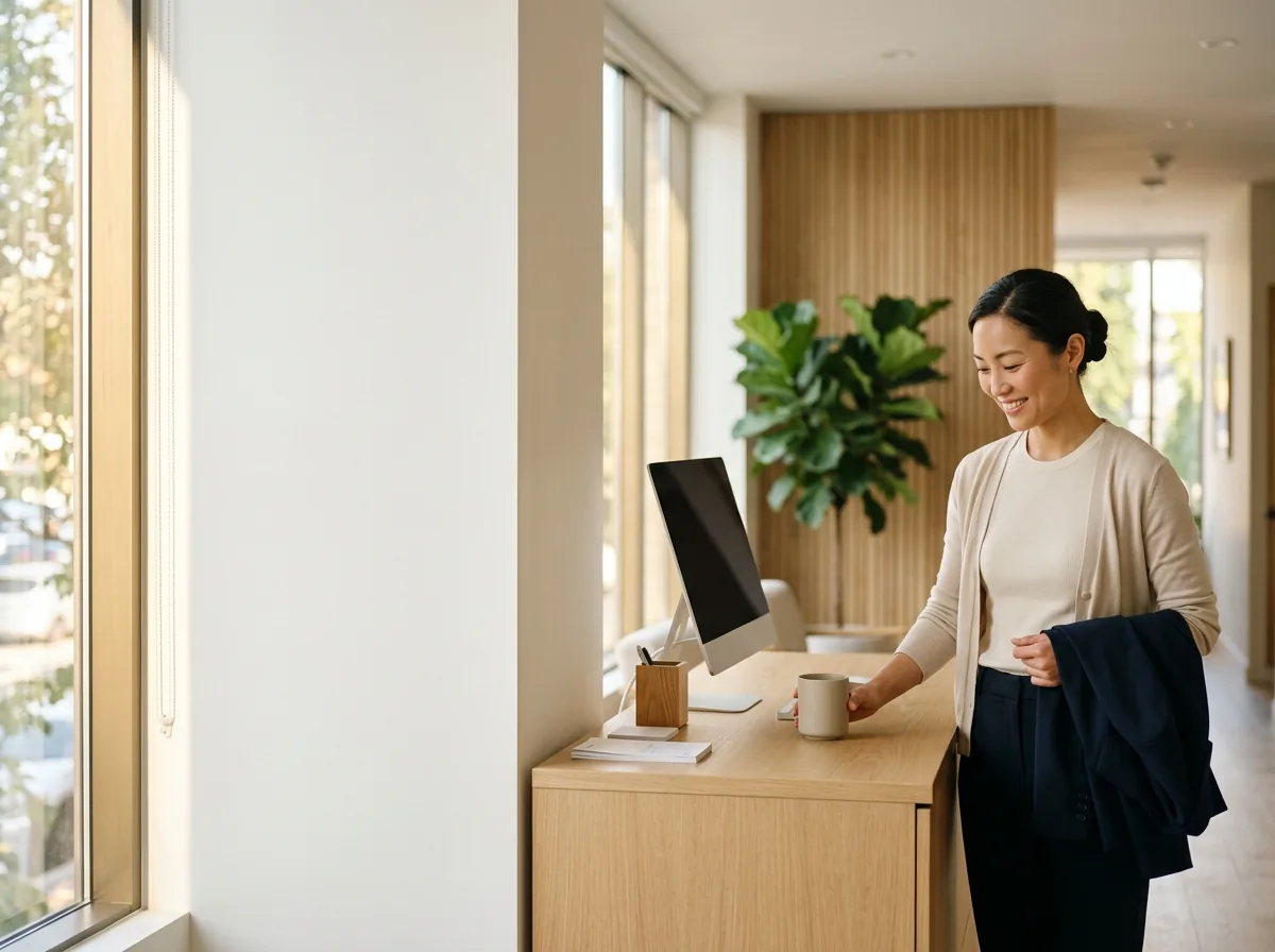 A clinician setting down her morning coffee at a sunny clinic desk before the day begins