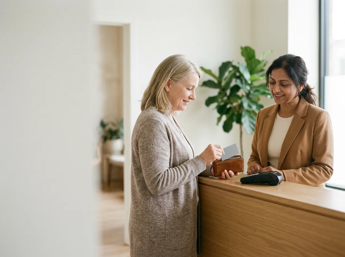 A patient paying by card at a clinic's front desk