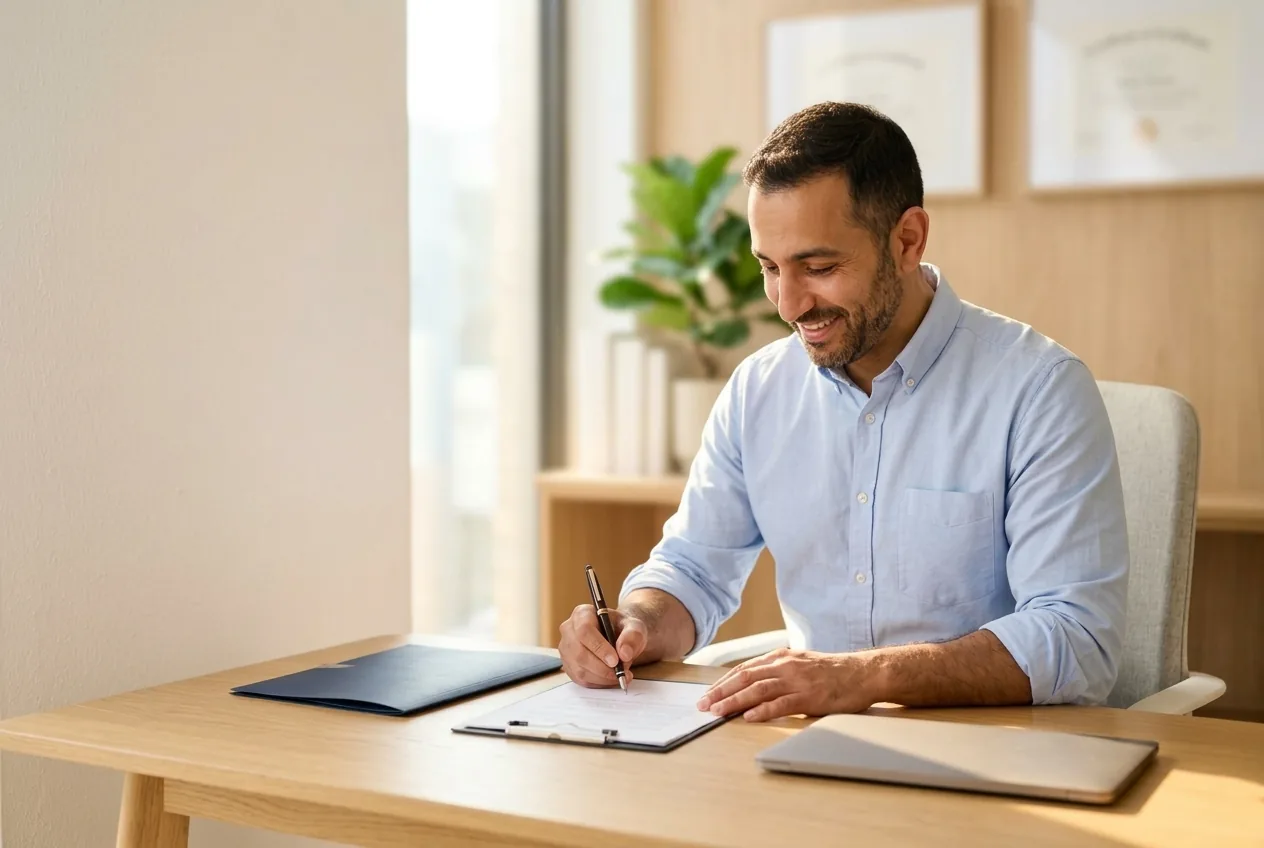 A clinician signing paperwork at his desk, framed certificates on the wall behind him