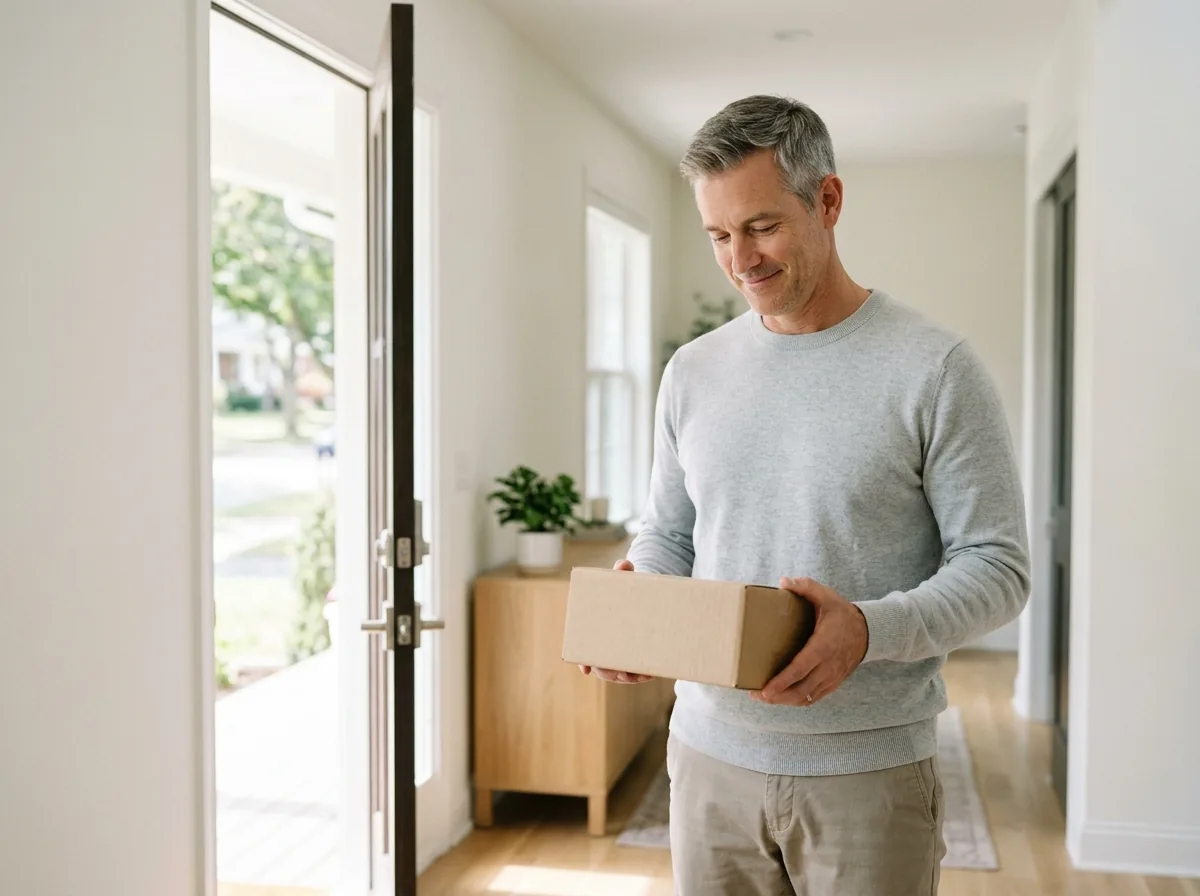 A man accepting a small pharmacy parcel at his front door