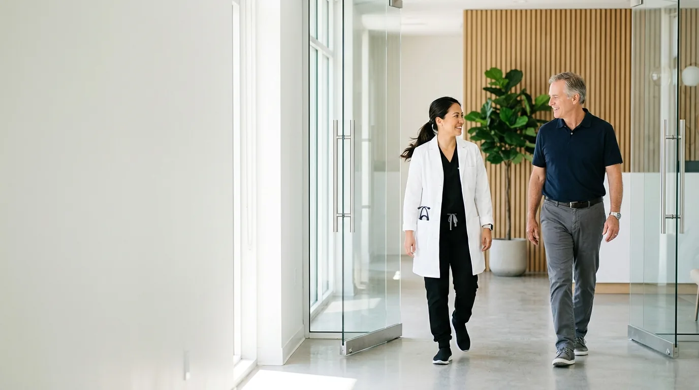 A physician and a colleague walking out through a sunlit clinic corridor at the end of the day
