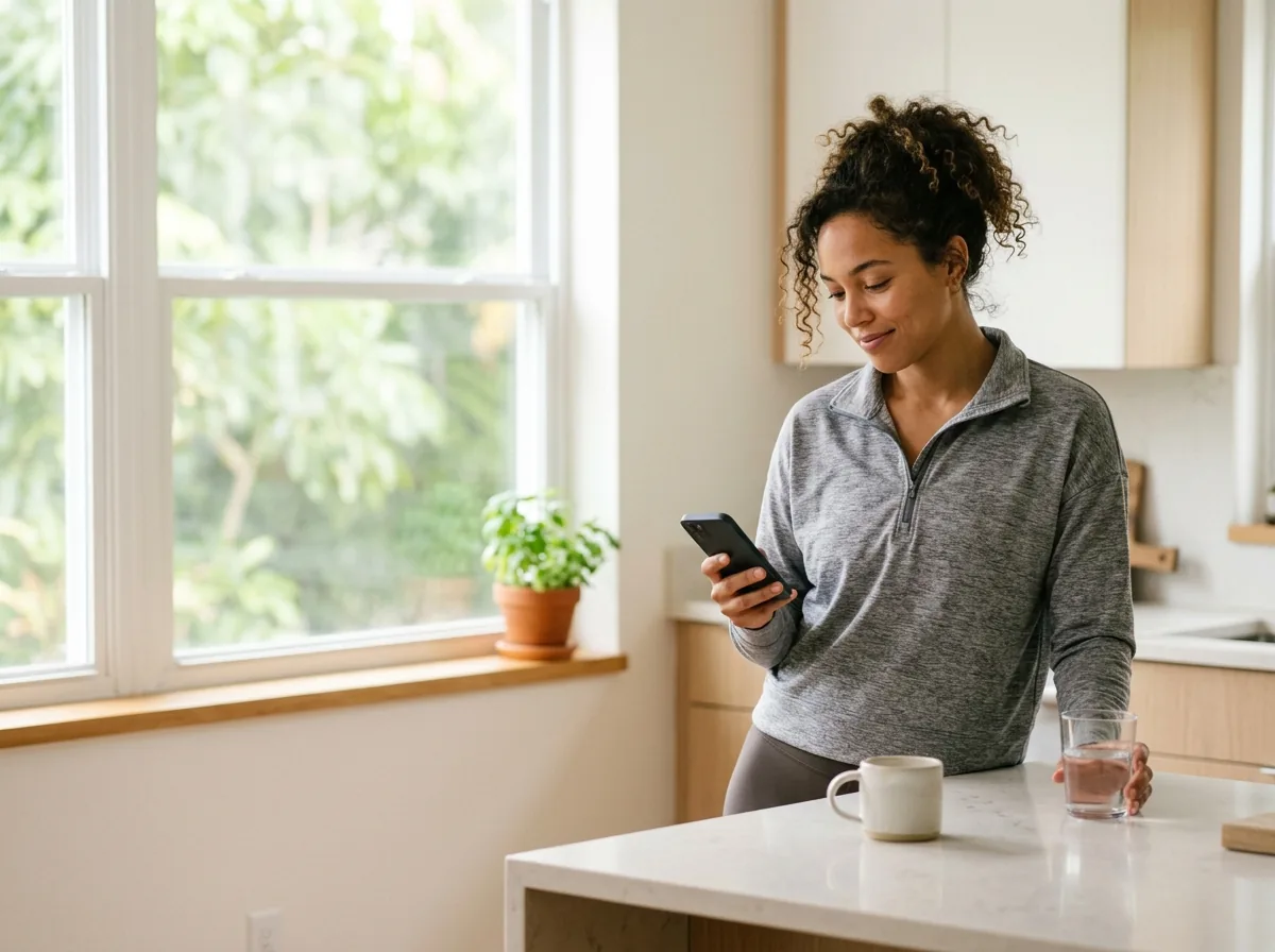 A patient at home reading a message on her phone at the kitchen counter