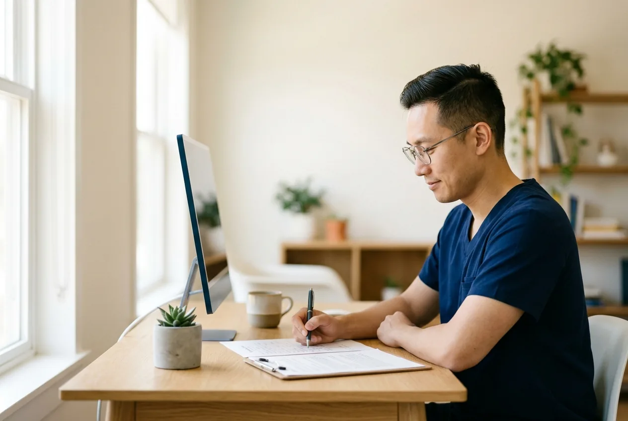 A clinician in navy scrubs reviewing paperwork at his desk