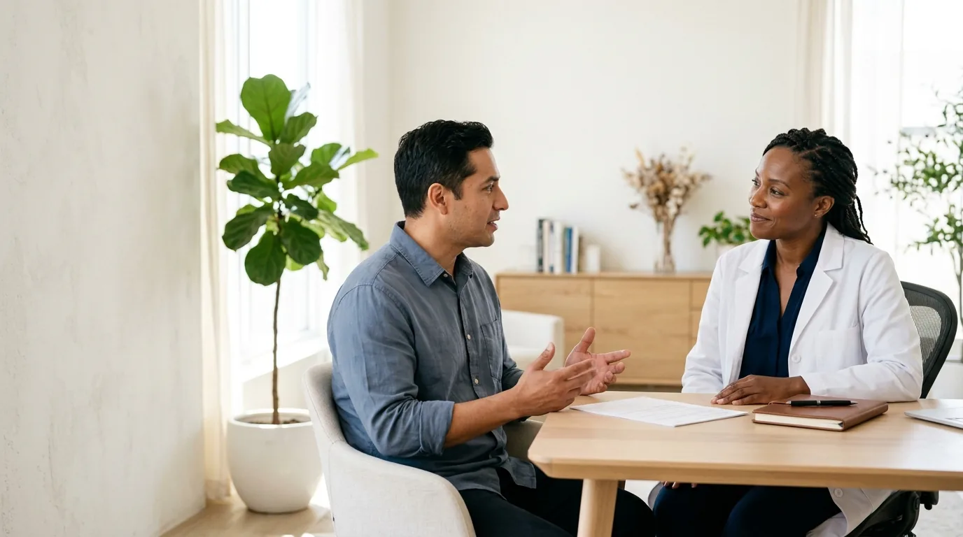 A physician listening to her patient during a consultation in a bright clinic room