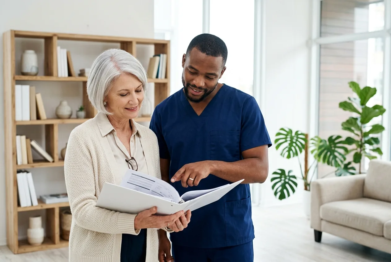 Two clinicians reading a shared protocols binder together by a shelf