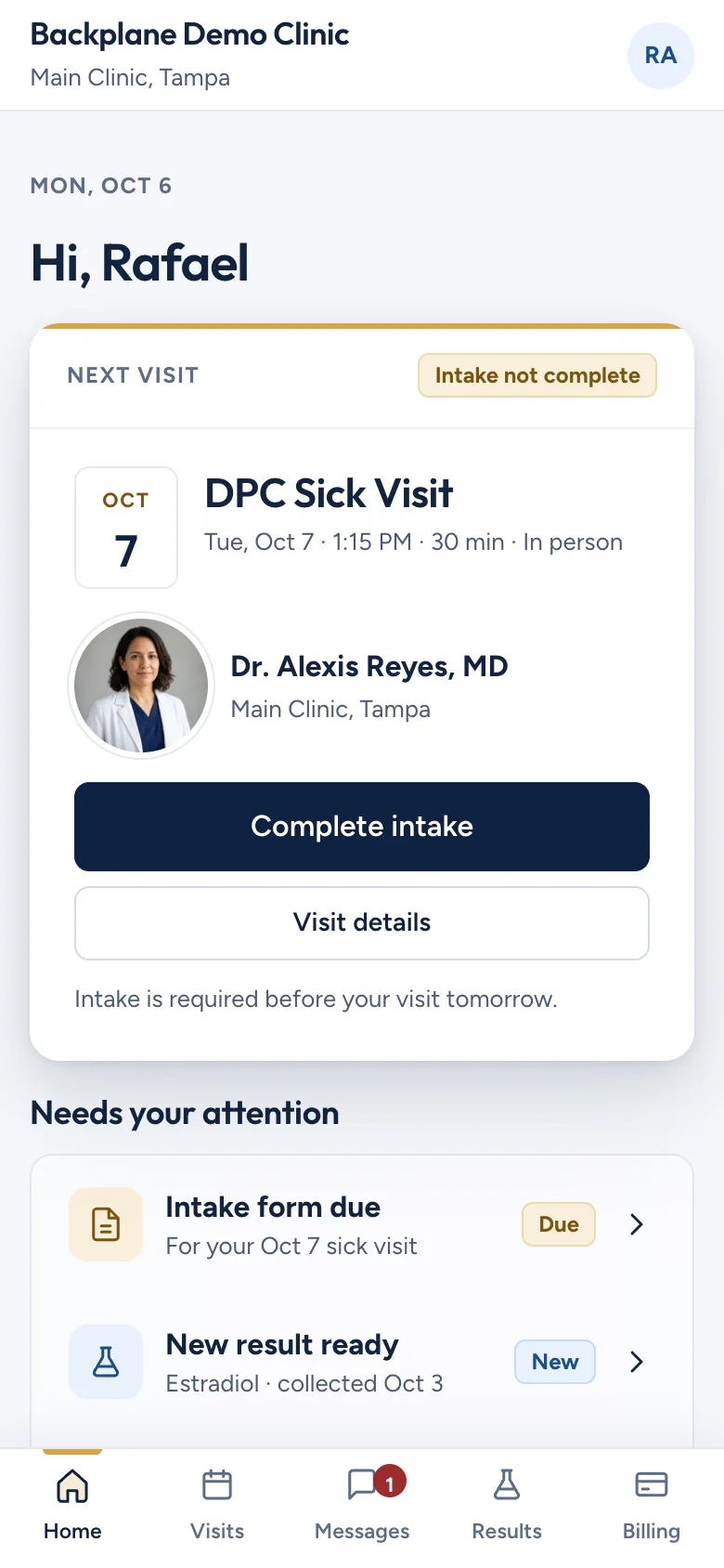 Design preview with synthetic data: the patient app home screen with the patient's next visit