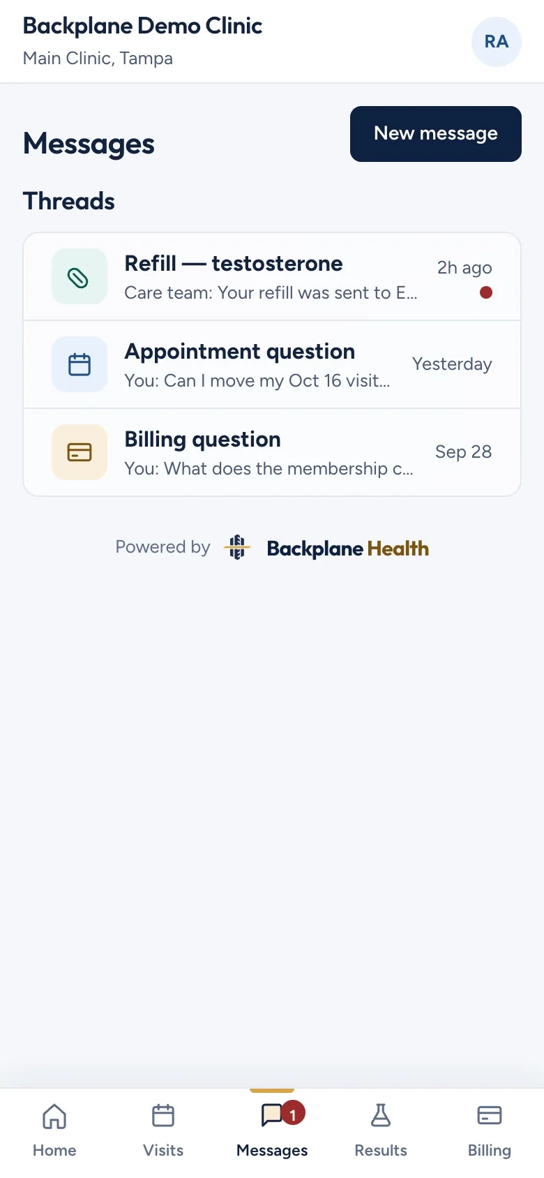 Design preview with synthetic data: the patient app messages screen, a conversation with the care team