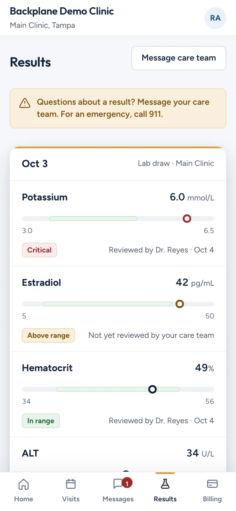 Design preview with synthetic data: the patient app results screen, lab values graded against reference ranges