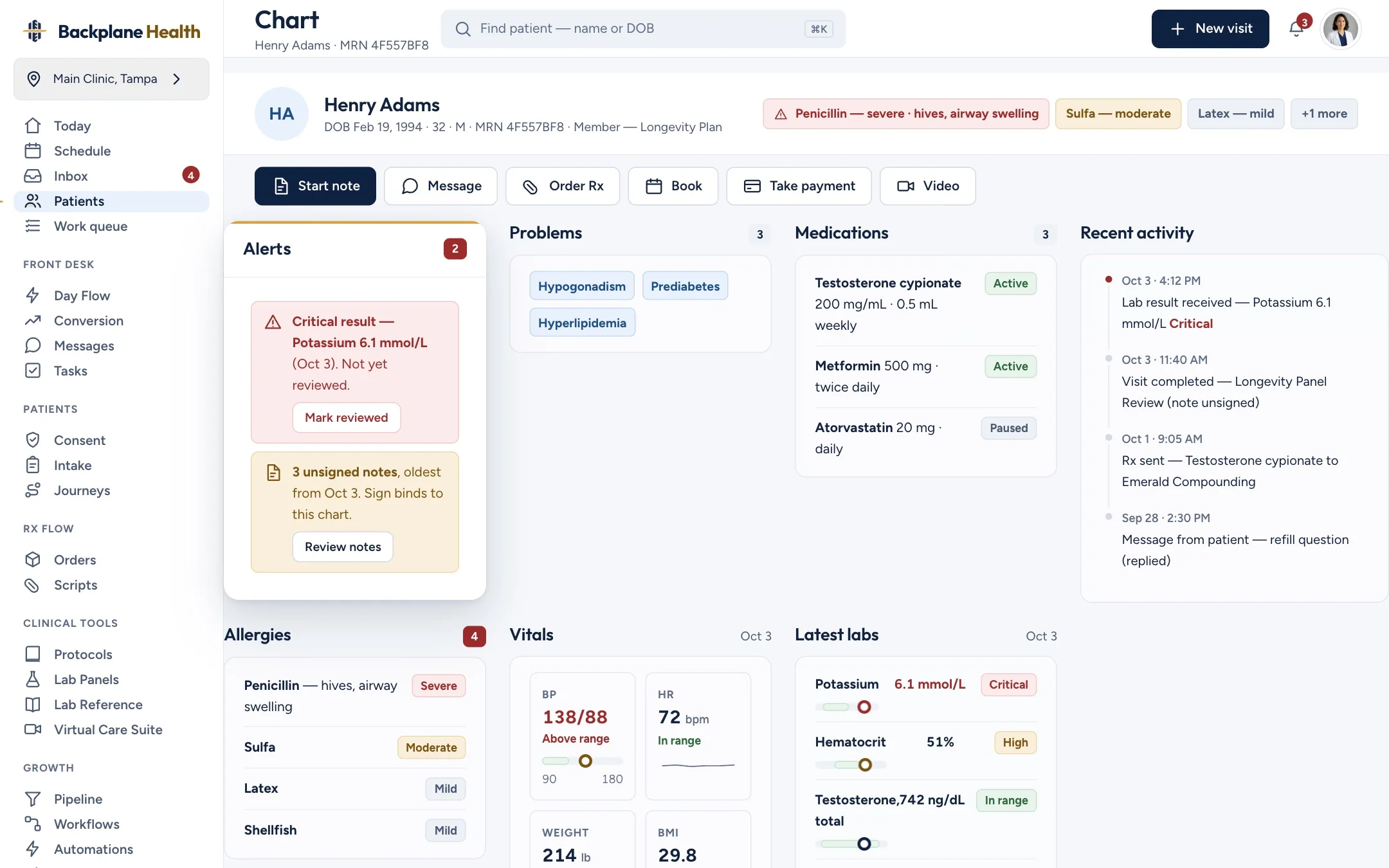 Design preview with synthetic data: a Backplane patient chart with the visit note drafted for review