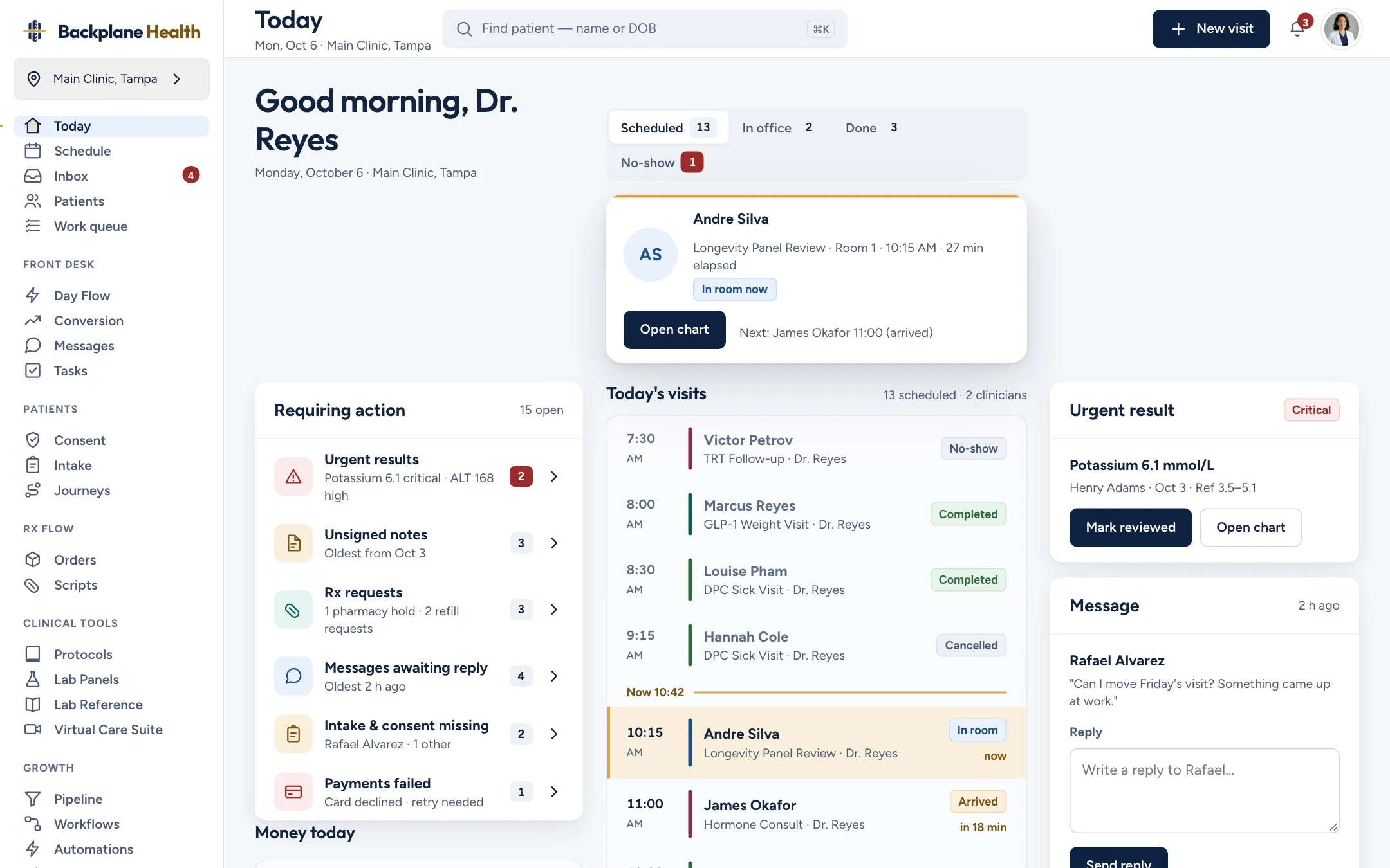 Design preview with synthetic data: the Backplane staff home screen with today's visits, items needing action and results to review